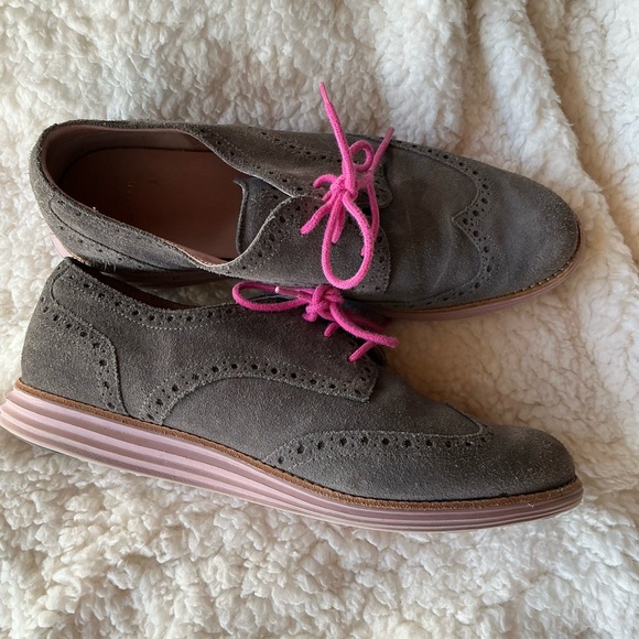 Cole Haan Shoes - Cole Haan Women's Taupe Suede Loafers with Pink Laces